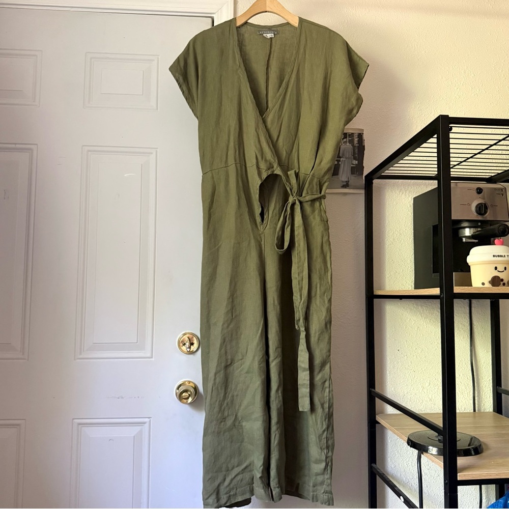 ARTEMESIA olive‎ green linen handmade wide leg short sleeve wrap style jumpsuit